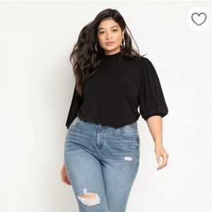 Eloquii Puff Sleeve Mock Neck Top in Totally Black